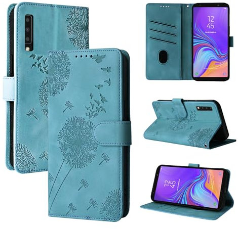 Rostsant Handyhülle für Samsung Galaxy A7 2018 Löwenzahn PU Leder Samsung Galaxy A7 2018 Flip Case Brieftasche Tasche Hülle Magnetisch Handyhülle für Samsung Galaxy A7 2018 Blau