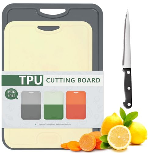 Gintan 2 Pack Flexibles TPU Schneidebrett, BPA-frei, mit Messer- und Saftrille, kratzfeste flexible Schneidebretter für die Küche, spülmaschinenfest, griffiger Griff, rutschfest (Grau+Gelb)