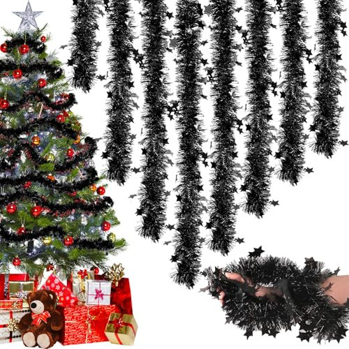 Lametta Weihnachtsbaum, 8PCS×2M Weihnachtsgirlande Lametta Girlande Weihnachten Outdoor Christmas Garland 16M Weihnachtsgirlanden Mit Sternen Verziert Weihnachtsdeko Girlande Christbaum Deko Schwarze