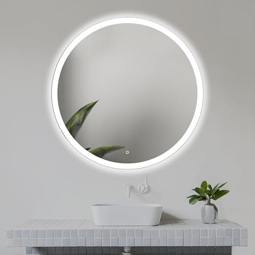 Home Glow Runder LED Badspiegel 80 cm, Frontbeleuchtung | Badezimmerspiegel mit Beleuchtung, LED Wandspiegel, Touchschalter, Dimmbar, Neutralweißes Licht