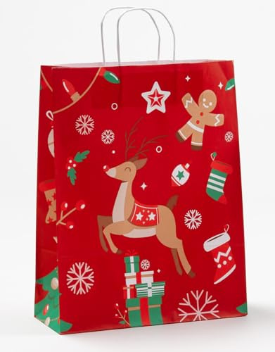 250 Weihnachtstüten Rentier - Mittel-Groß 31 x 10 x 22 cm - Weihnachtsgeschenktüten zum befüllen für Weihnachten, Nikolaus, Advent - Weihnachts-Geschenktüten aus Kraftpapier Weiß 90 qm²