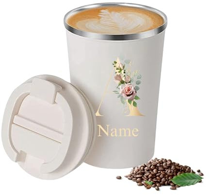 PoStar - Kaffee Thermobecher Personalisiert Kaffeebecher to go Thermo - Thermosbecher Auslaufsicher - Isolierflasche - Isolierbecher mit Ihrem Namen - 350 ml - Beige