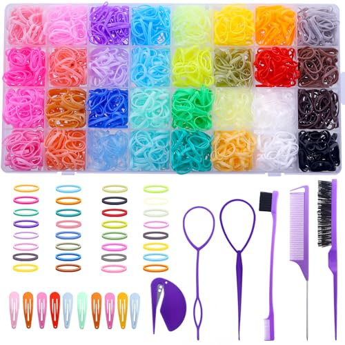 Kleine Haargummis mit 16 Haarstyling-Werkzeugen, 32 Farben, 2000 Stück, elastische Mädchen-Baby-Haargummis, Mini-Haarbänder mit elastischem Haarschneider, Haarschmuck, Weihnachtszubehör für Mädchen,