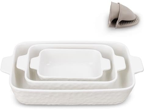 Rectangular Ceramic Baking Dishes, Oven Dishes Set of 3, Individual Oven to Table Deep Baking Dish with Handles for Cooking Lasagne Cannelloni Pasta Non-stick Bakeware (White)