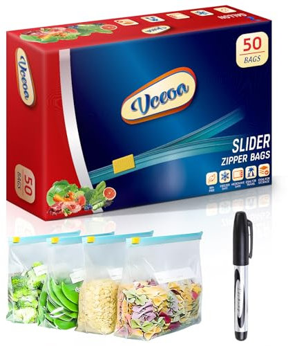 Kondono Zip Lock Freezer Bags – Airtight Food Storage Bags, Heavy Duty & Leak-Proof, Ideal for Sandwiches, Fruits & Meal Prep – 50 Pack with Free Marker