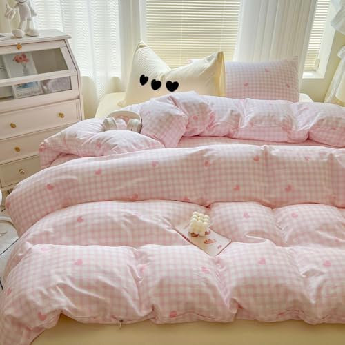 Nyescasa Housse de Couette Coeur Rose 220x240 à Carreaux Rose et Blanc Moderne Parure de lit Adulte 2 Personnes en Microfibre Housses de Couettes avec Fermeture Éclair et 2 Taies d'oreiller 65x65 cm