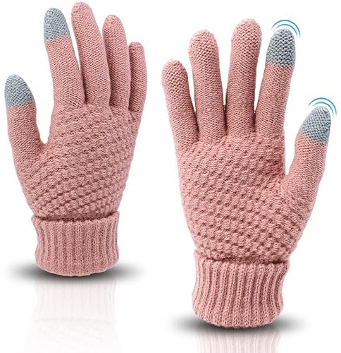 Drokenle Women Winter Gloves, Warm Soft Touchscreen Gloves Thermal Knit Fleece Lined Glove Elastic Cuff Womens Gloves for Cold Weather (Pink)