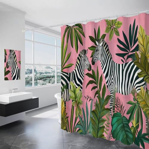 ALTCIRNMD cm Duschvorhang Mit Abstrakte Zebra Bad Vorhang Tropische Pflanzen Moderne Kunst Polyester Stoff Wasserdichter Badezimmer Vorhang Mit Haken