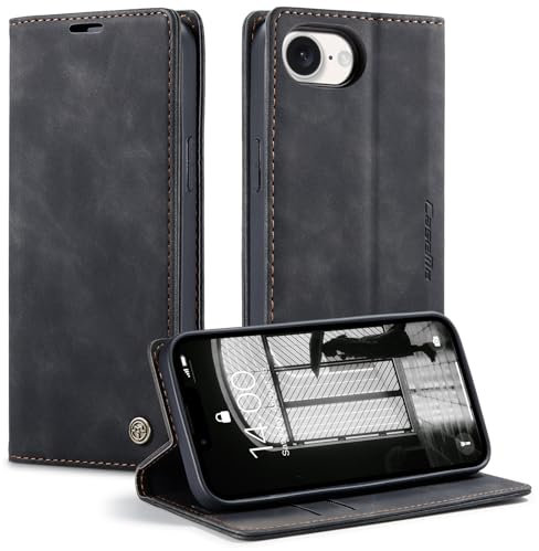 CaseMe Hülle für iPhone 16E Vintage Dünne Handyhülle mit Kartenfach Geld Slot Ständer PU Ledertasche Flip Schutzhülle für iPhone 16E- Schwarz