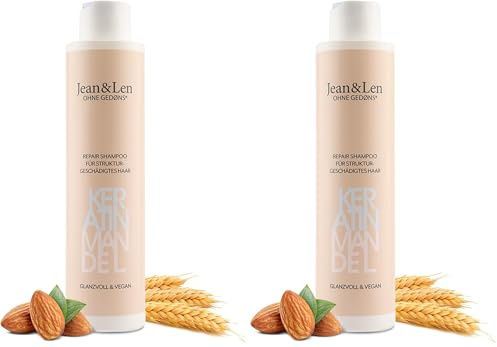 Jean & Len Repair Shampoo Keratin & Mandel, für strukturgeschädigtes und widerspenstiges Haar, bändigt Frizz, für gesünder aussehendes Haar, ohne Parabene & Silikone, vegan, 300 ml (Packung mit 2)