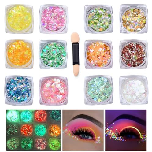12 Colores Gel de Purpurina Luminoso, Brillos Corporales, Glitter Maquillaje, Chunky Glitter Flakes Paillette, para Rostro, Cuerpo y Cabello,para Fiestas de Navidad, Halloween y Carnaval