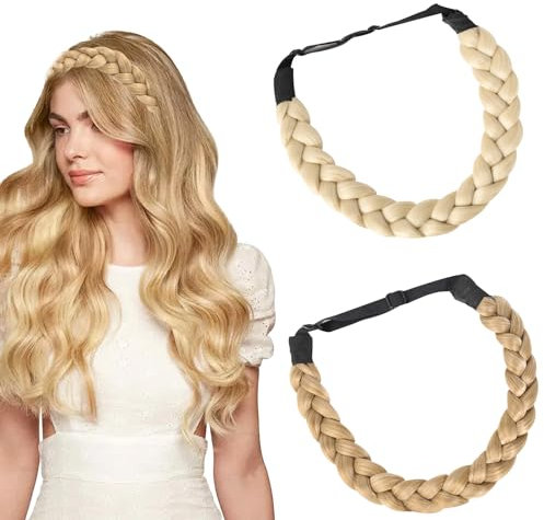 BSITSSS Lot de 2 Synthétiques Tressé Bandeau Cheveux, élastique Tresse Cheveux Headband, Blonde au miel & Blonde Platine La Tresse Postiche Bandeau Pour Femmes Dames Filles Accessoire de Beauté