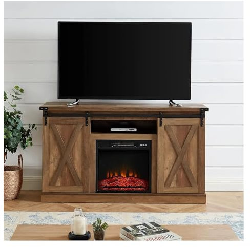 Chimenea Estilo Granja, Soporte para TV, Puerta corrediza Estilo Granero, Centro de Entretenimiento con Chimenea eléctrica y Control Remoto, Mueble para TV (marrón Oscuro)
