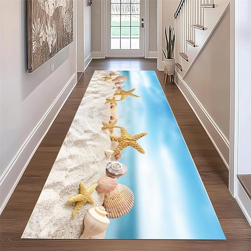 YJDRUG Maritimer Läuferteppich Mit Ozean 60x120cm - und Strandstern-Motiv In Himmelblau – Rutschfester, Maschinenwaschbarer Bodenbelag für Flur, Küche, Badezimmer, Schlafzimmer & Waschküche