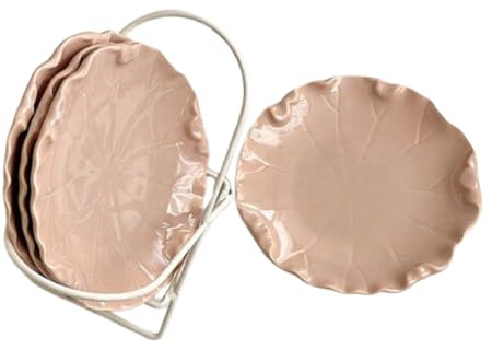 Coolcapis Ceramic Snack Plates Set with Rack, Lotus Leaf Plate Design, Small Dessert Plates, Appetizer, Fruit Plates Mini Serving Dishes, Side Dish, Porcelain Tableware Gift Set (Blush Pink)