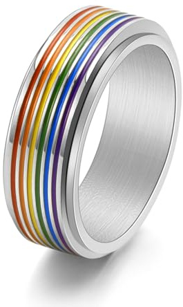 Wycian Ehering mit Gravur, Eheringe Silber Vintage Edelstahl Größe 52 (16.6) 8mm Regenbogen Schwul Anpassbar für Frau Abschlussball