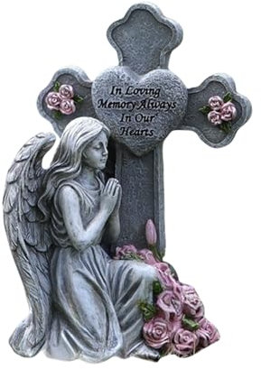 Huvqianu Statua a forma di angelo da esterno, con luce solare, in resina, decorazione per cimitero e tomba, decorazione per Natale e Pasqua