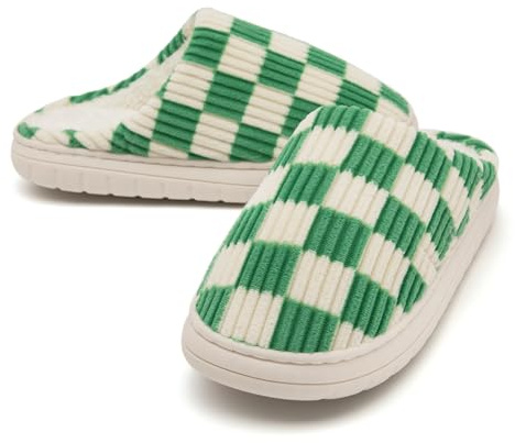 Waysoland House Slippers Women Men,Fuzzy Ladies Memory Foam Checkered Slip on Anti-Skid Sole Bedroom Cloud Slippers Indoor Outdoor(Green,10.5/11 UK)