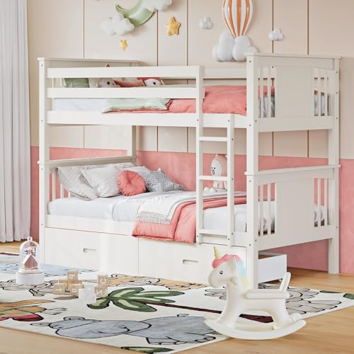 FUQARHY Solid Wood Twin-Over-Twin Bunk Bed with 2 Storage Drawers