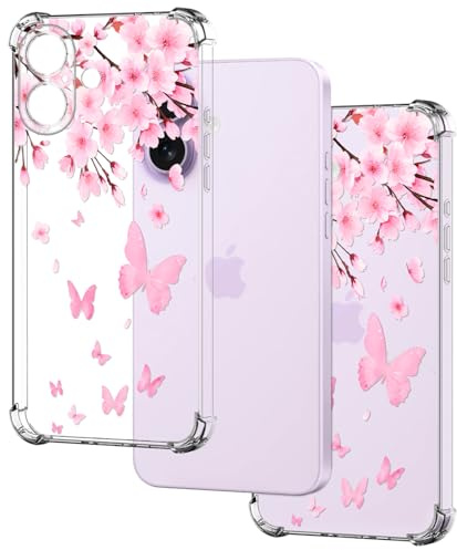 HopMore Transparent Handyhülle für iPhone 17 Hülle mit Muster Motiv, Stoßfest Klar Silikonhülle Dünne Weiches TPU Durchsichtige Schutzhülle Clear Cover für iPhone 17 Case, Sakura Rosa & Schmetterling