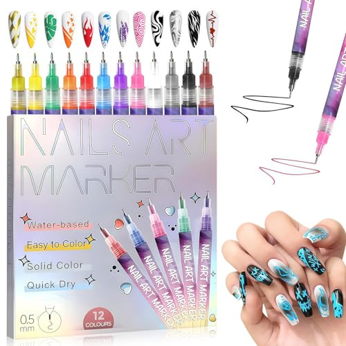 12 Farben Nagellack Stifte Set, Nail Art Marker Pen für DIY Nagelkunst, Schnelltrocknend & abziehbar, feine Liner & Pinsel zum Zeichnen, Malen & Verzieren, Nägel selbst zu Hause machen