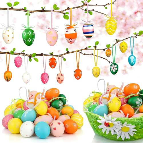 Ostereier zum Aufhängen, 36er OSTE-reier aus Kunststoff mit Muster, Kunststoff Ostereier Bastel & Dekoartikel, Perfekt für Osterbaum, Indoor & Outdoor Osterdekoration