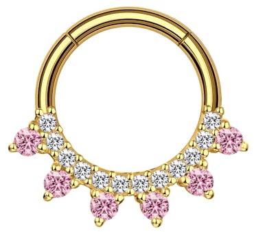 Sterling Silver Clicker Ring with Six Pink Crystals, Stylish Daith Piercing Jewelry Nose Hoop Septum Elegant Piercing Ring Designr - Gold / 16G / 08 mm