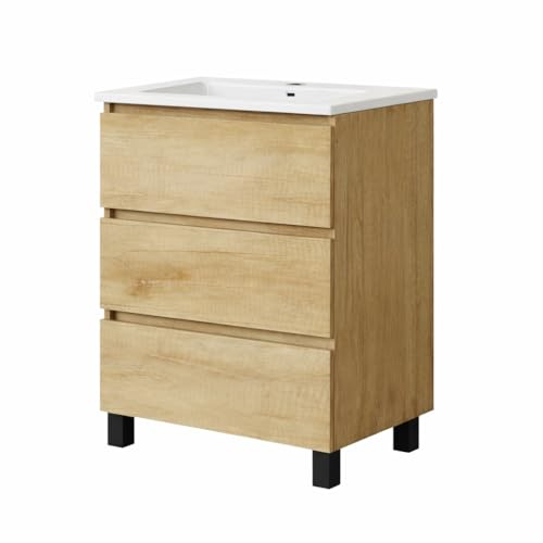 Baikal Mueble de Baño REN. 60cm Nature. Incluye Lavabo. Entrega Montado. Mueble con Patas. 3 Cajones con Cierre Amortiguado.