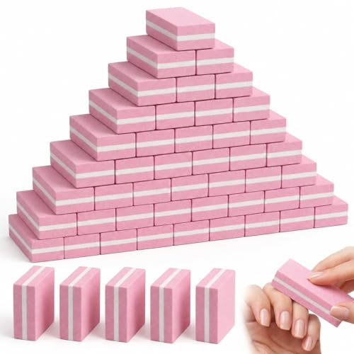 50 Pcs Mini Nail Buffer Blocks, 100/180 Grit Double Sided Sponge Buffing Sanding Block File for Natural Gel Acrylic Nails, Professional Manicure Tools Set for Salon and Home Use, Pink