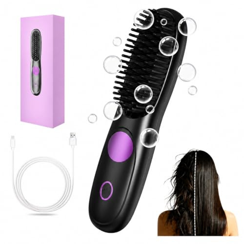 Cepillo Alisador Pelo Corto Inalámbrico, Mini Plancha de Pelo Iónico | con 3 Niveles de Temperatura, Cepillo Térmico Portátil para Mujer y Hombre, Ideal para Viajes, Uso Diario y Retoques Rápidos