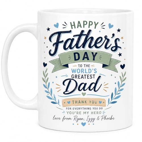Personalised Father’s Day Mug for Dad – Custom World’s Greatest Dad Coffee Mug with Children’s Names – 11oz Ceramic Gift for Daddy, Father, Stepdad or Grandpa – Personalised Father’s Day Gift