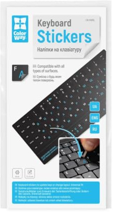 ColorWay Premium Keyboard Sticker Ukrainisch Russisch Englisch, Hochwertige Tastaturaufkleber mit UV-Druck, Schwarz mit Weiß-Blauen Zeichen, Für Laptop und PC Tastaturen