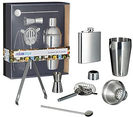 Relaxdays 6X Set Cocktail in Acciaio, Fiaschetta da 200ml, Shaker, Colino da Bar, Misurino per Drink, Cucchiaio da Barmann, Pinza