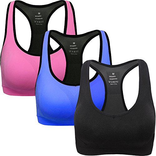 ANGOOL Damen Komfort Klassische Racerback Sport BH Top Fuer Yoga Fitness-Training, Schwarz blau rosa, L Fit 80D 80DD 80E 85D 90BC 90D