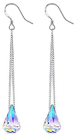 HOMEYU 925 Sterling Silber Farbwechsel Ohrhänger, Lange Quasten Tropfen Ohrringe Mit Aurora Borealis Regentropfen Kristall von.