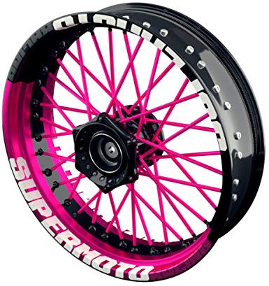 OneWheel Felgenaufkleber Motorrad passend für alle 17 Zoll Supermoto Felgen - Vorder- und Hinterrad beidseitig inkl. Farbiger Spokes - V10 - Felgenrandaufkleber (pink)