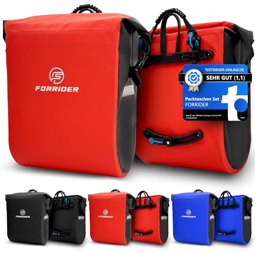 Forrider 2er Set Fahrradtaschen für Gepäckträger Wasserdicht Reflektierend | Gepäckträgertaschen 50L | Sattel Tasche fürs Fahrrad zum Einkaufen (Rot)