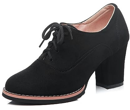 UMore Otoño Mujer Tacones Altos Vintage Gamuza con Cordones Zapatos de Negocios Elegantes Bombas de Punta Redonda Color sólido Oficina Carrera Zapatos Oxford