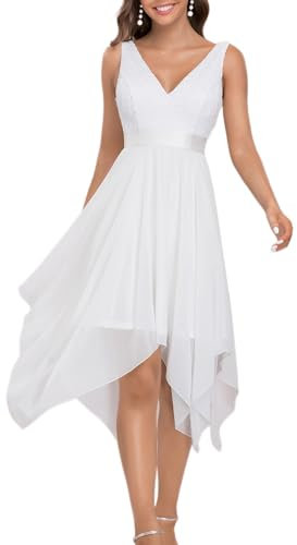 Ever-Pretty Robe de Soirée Asymétrique au Genou Femme Double Col-V sans Manche en Dentelle Mousseline de Soie Blanc 48