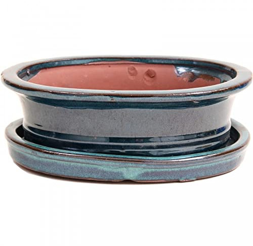 Bonsai - Schale oval, 21 x 17 x 7 cm, blaugrün, mit Untersetzer 23994
