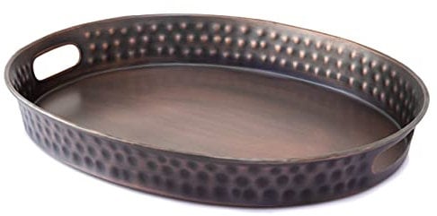 Monarch Abode Handgehämmertes Metall-Serviertablett mit Griffen, 43,2 cm, Antik-Kupfer-Finish, ovale Servierplatte, großes Serviertablett für Party, Obstplatte, Desserttabletts, Serviergeschirr