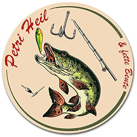 Finest Folia Fisch Aufkleber im Retro Stil 10x10cm Angeln Fischen Vintage Sticker für Auto Boot Angelkoffer Angel Zubehör wetterfest R164 (01 Hecht, Petri Heil)