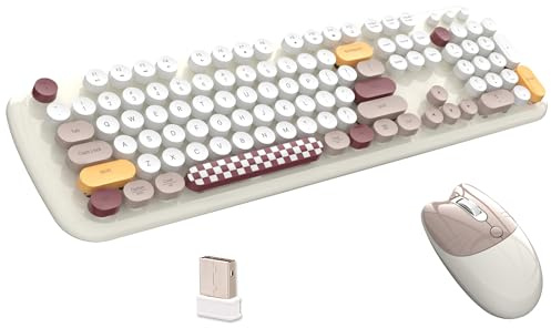 Ensemble clavier et souris sans fil pleine taille 2,4 G, 104 touches multicolores style machine à écrire, couleurs bonbon, compatible avec ordinateur portable, PC (beige)