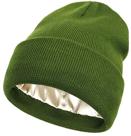 Damen Wintermütze mit Satin gefüttert, Zopfstrickmütze für Frauen, Seidenfutter, dicke dicke Mütze, Totenkopf-warme Kappe, Cuffed-grün, Einheitsgröße
