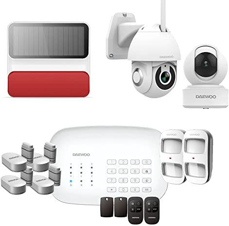 Daewoo Security SA636 - Modello Premium Plus compatibile con Animali, Allarme Casa Wireless WiFi/GSM Collegato, Sirena Esterna, 2 Fotocamere, Compatibile con Amazon Alexa, Google Home Bianco