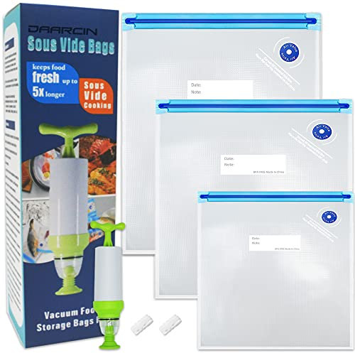 Daarcin 3 Size 40pcs Sous Vide Bags BPA Free Reusable Vacuum Sealer Bags Kit Keep Food Flesh with 1 Vacuum Hand Pump and 2 Sealing Clips