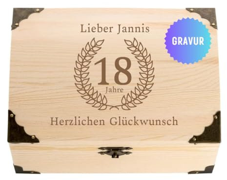 4you DESIGN Schatztruhe Geschenk zum 18. Geburtstag für Jungen und Mädchen | Personalisiertes Geschenk mit Namen und Alter | Holzkiste für Geldgeschenke, Erinnerungen oder als Verpackung | 18x13x10cm