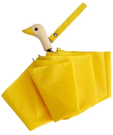 Truely Regenschirm mit niedlichem Entenkopf-Holzgriff, faltbar, halbautomatisch, Sonnen- und Regenschirm (gelb, kein schwarzer Kleber, 3-fach faltbar)