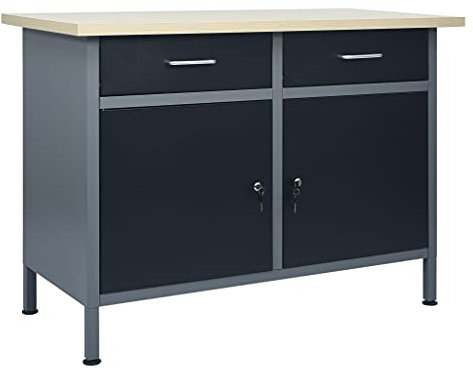 Werkbank mit 2 Schubladen & 2 Schränke, Holzähnlicher Maserung Tischplatte, Höhenverstellbare Füße, Werktisch Werkstatttisch Arbeitstisch, Metallgestell, Tragekapazität 500 kg, 120x60x85 cm Stahl