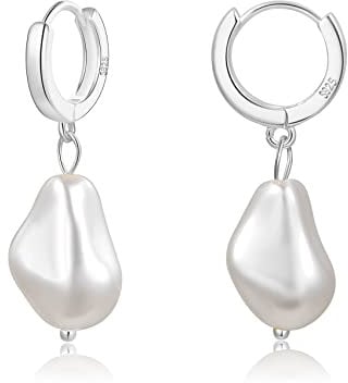 Barocke Perlenohrringe 925er Sterlingsilber für Frauen - Handverlesene Barockperlen Ohrhänger 14 Karat Vergoldet Unregelmäßige Weiße Vintage Huggie-Ohrringe